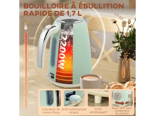 Ensemble bouilloire et grille-pain, vert, bouilloire en acier inoxydable 1,7 l et 2200 w et grille-pain à 2 tranches