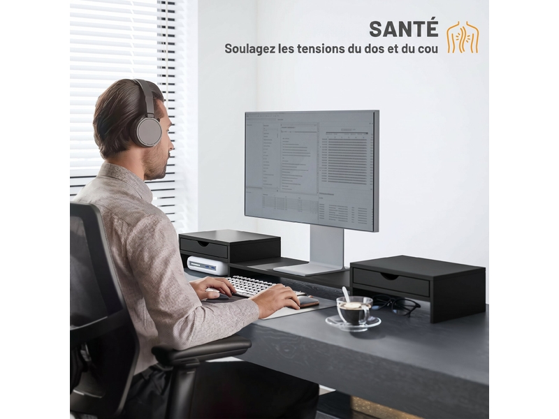  Rehausseur écran pc bureau, support d'écran d'ordinateur de avec 2 tiroirs, longueur et angle réglables noir 60-116 cm  - Conforama R