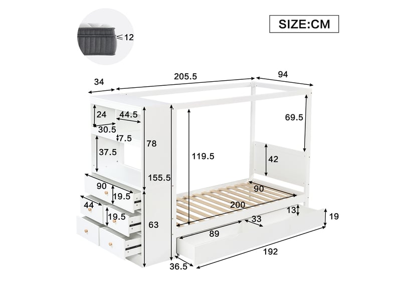  Lit enfant 200×90 cm avec barrières de protection, rangement et 5 tiroirs, sans matelas, blanc  - Conforama D