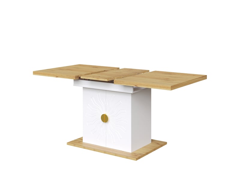  Table extensible rectangulaire 110-140 x 70 cm – blanc et bois clair – 2 étagères de rangement intégrées  - Conforama D