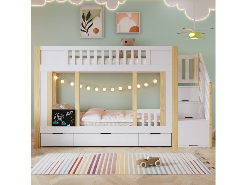 Lit superposé enfant 90x200 cm, lit avec rangement, escalier, 3 tiroirs et tableau, mdf, blanc et naturel, sans matelas  - Conforama E