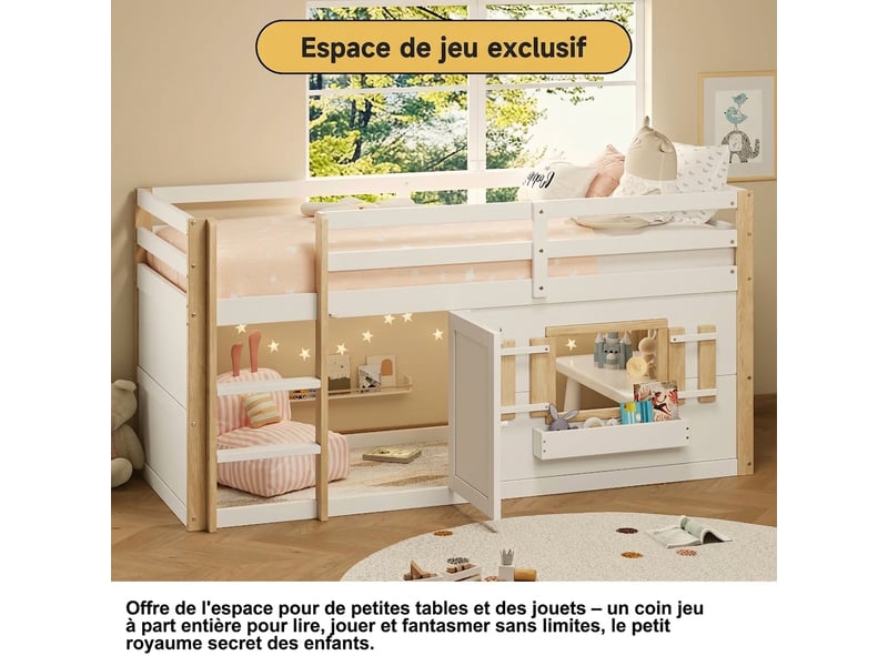 Lit mezzanine enfant 90x200 bois massif blanc multifonction avec échelle et espace de jeu inférieur  - Conforama D