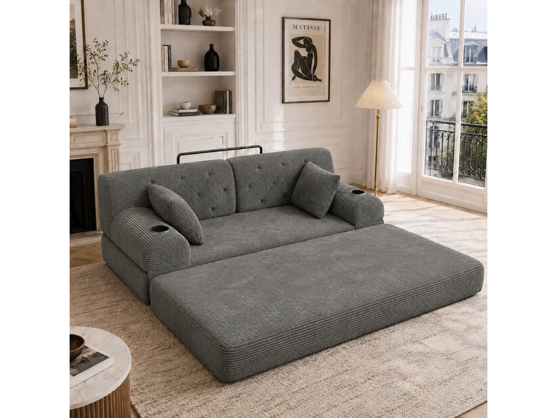  3-sitzer schlafsofa, komprimiertes cord sofa mit hoher rückenlehne, metallrahmen, hochdichtem schaumstoff, 2 getränkehaltern und 4 seitentaschen, geei HFSN-1278DG - Conforama E