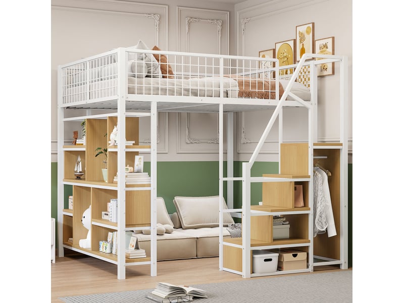 Lit mezzanine 140x200 cm – blanc – escalier de rangement, étagères, métal et mdf, gain de place - sans matelas - Conforama B
