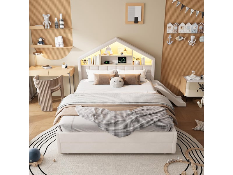  Lit cabane 140x200cm - lit enfant rembourré avec toboggan réversible, led, prises usb, étagère et tiroir de lit - beige  - Conforama B