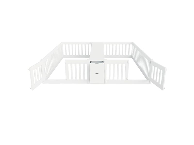  Lit enfant double avec tiroirs et étagère 2 niveaux, bois blanc, 90 x 200 cm, garde-corps hauts  - Conforama D