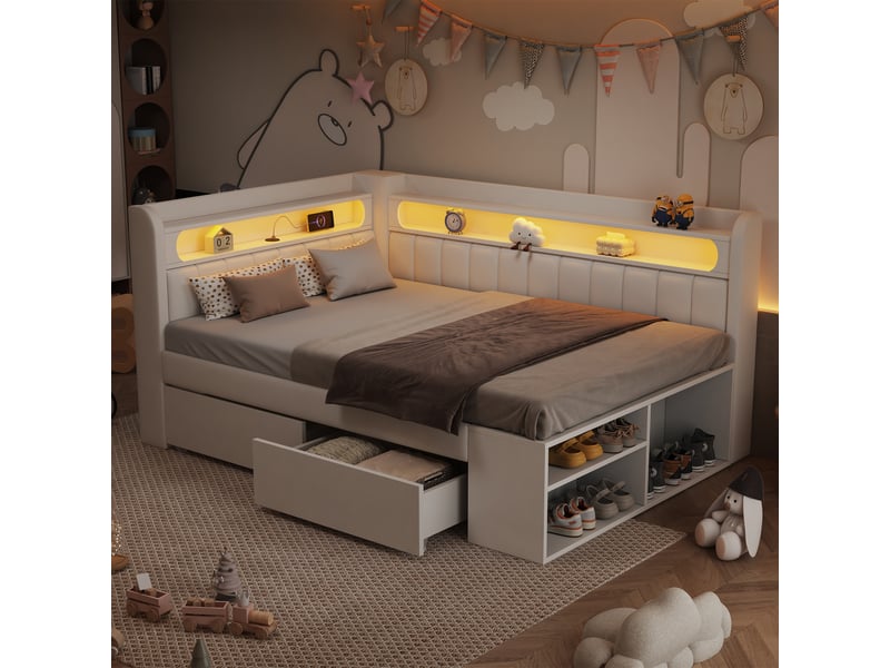  Canapé-lit capitonné 90x200 cm blanc avec armoire à chaussures, deux tiroirs, led et usb intégrés.  - Conforama E
