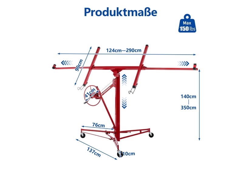  Lève-plaques pour plaques de plâtre 140-350 cm rouge en acier, inclinable, 3 roulettes freinées  - Conforama C
