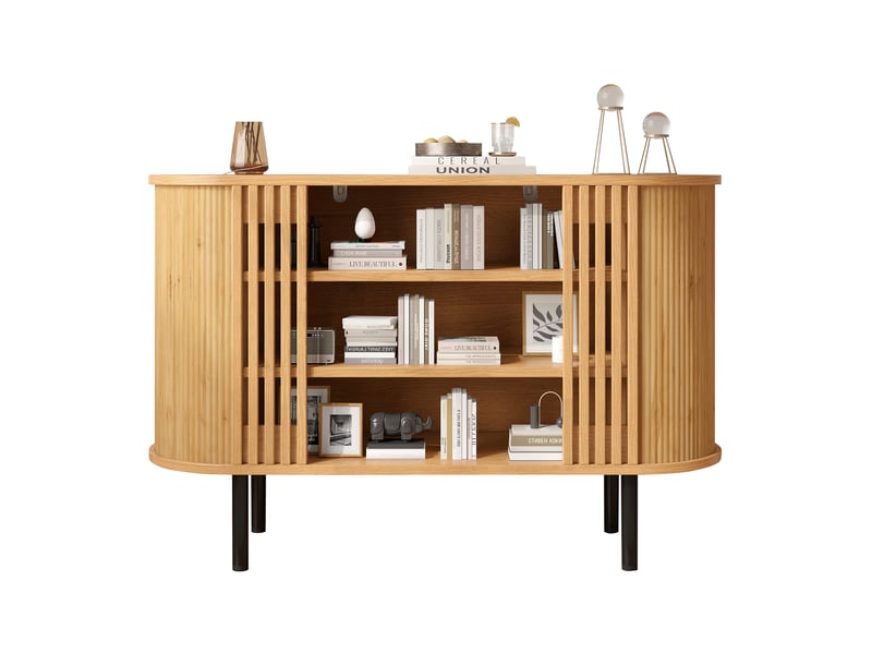 Buffet et enfilade avec 3 niches ouvertes et 4 pieds réglables en métal, aspect bois naturel, pour salon et entrée - Conforama A