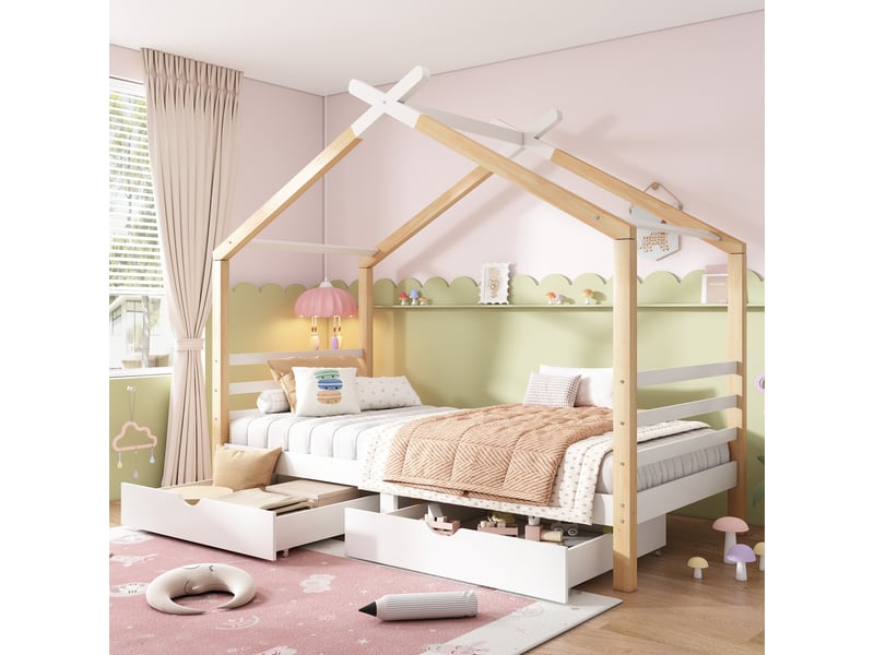  Lit cabane enfant avec 2 tiroirs 90x200 cm blanc et bois  - Conforama B