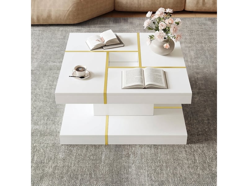  Table basse carrée à deux niveaux avec détails en métal doré, table de salon blanche 80x80x38 cm  - Conforama C