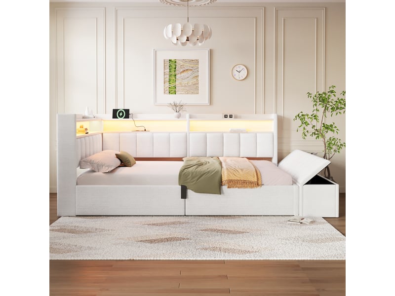 Canapé-lit coffre 140 x 200 cm - avec prise électrique - avec port usb + bande lumineuse led - beige (matelas non inclus) - Conforama D