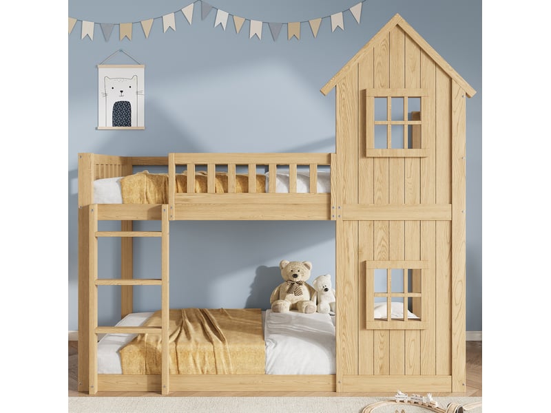  Lit superposé enfant 90x200 cm forme maison, escalier 3 marches, naturel  - Conforama D