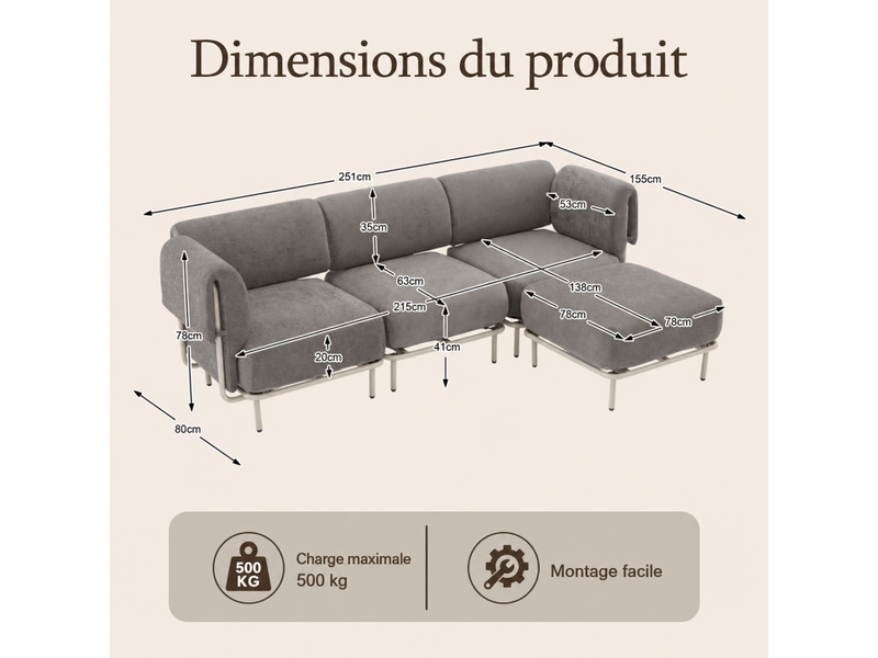 Canapé d’angle modulable 3 places 251x155x78 cm, avec pouf repose-pieds indépendant, style scandinave, en tissu chenille gris - Conforama D