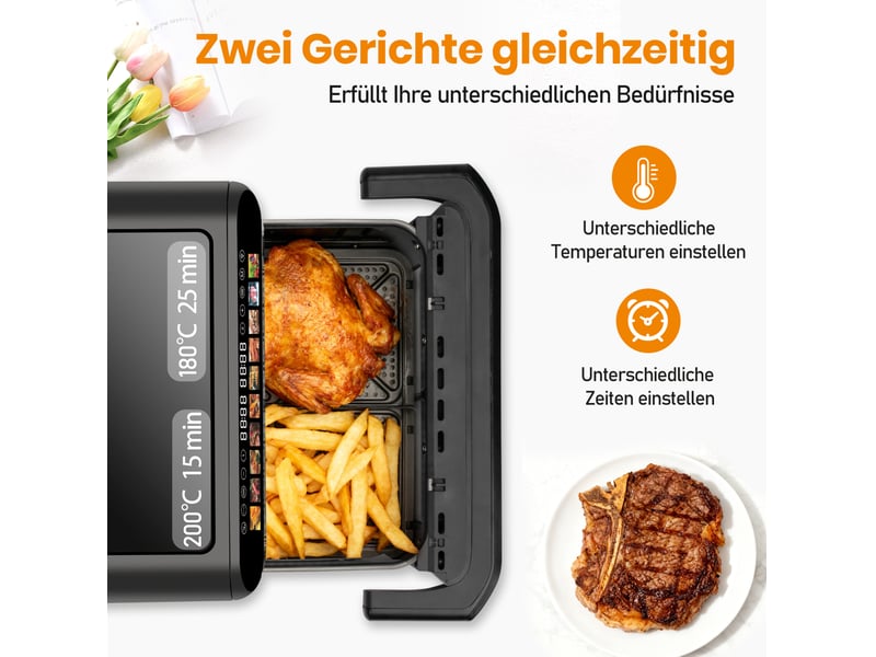  Friteuse à air 10 l double chambre avec contrôle indépendant noir  - Conforama D