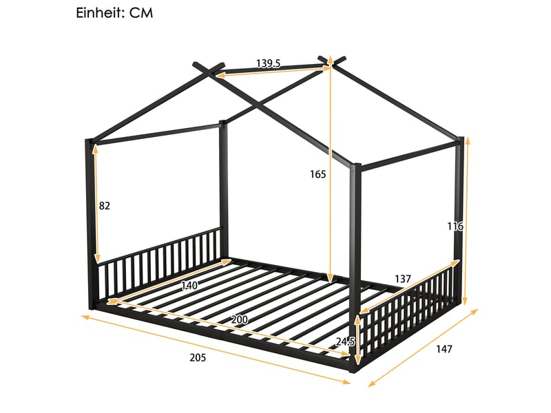 Lit cabane 140x200 cadre de lit en métal noir pour enfant, design maison avec sommier à lattes, robuste et moderne - Conforama C