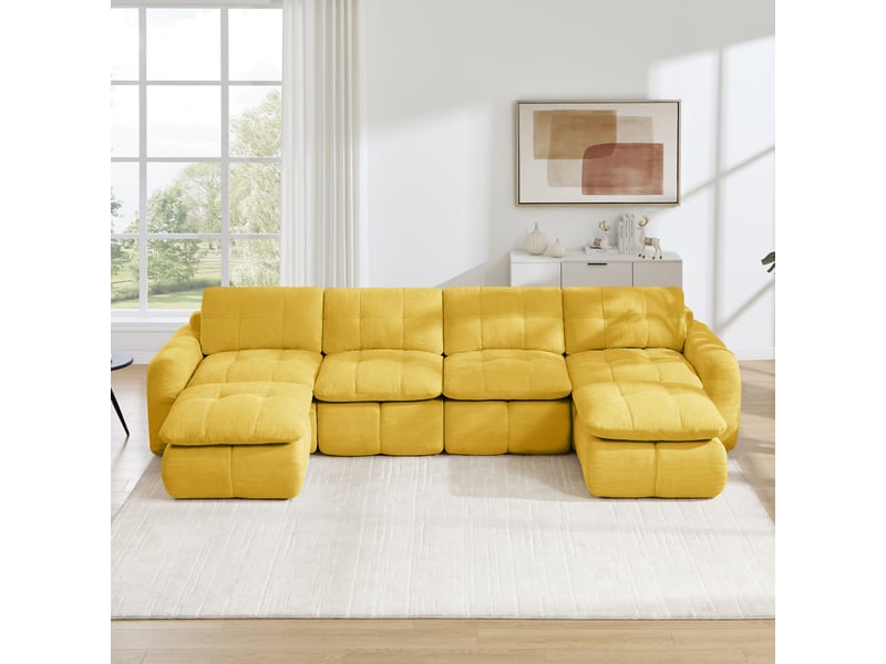 Canapé modulable en u 4 places modenvie avec 2 ottomans en chenille jaune, assises larges et profondes, 334 x 160 x 68 cm - Conforama E