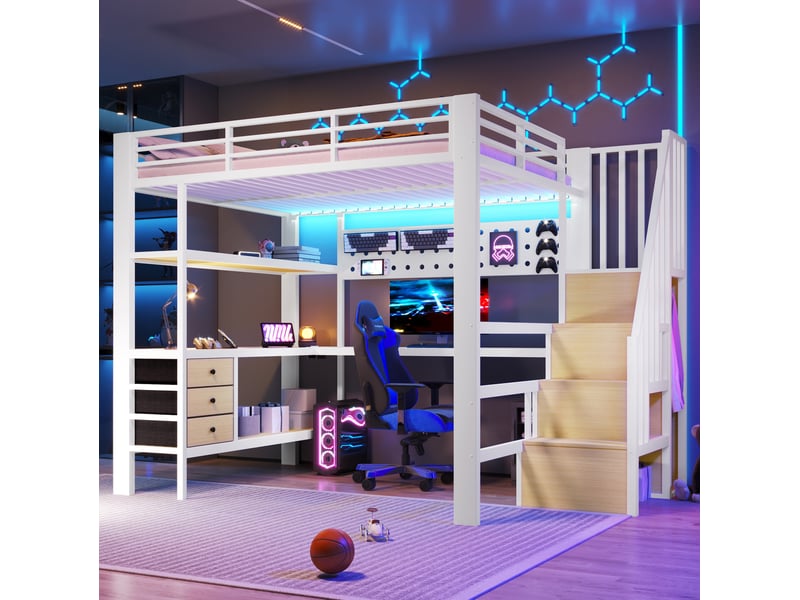  Lit mezzanine 140x200 cm avec bureau, rangements et led blanc  - Conforama B