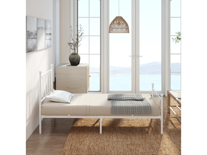  Lit simple 90 × 200 cm 1 place avec rangement sous le lit, sans matelas, en métal, blanc style industriel  - Conforama E