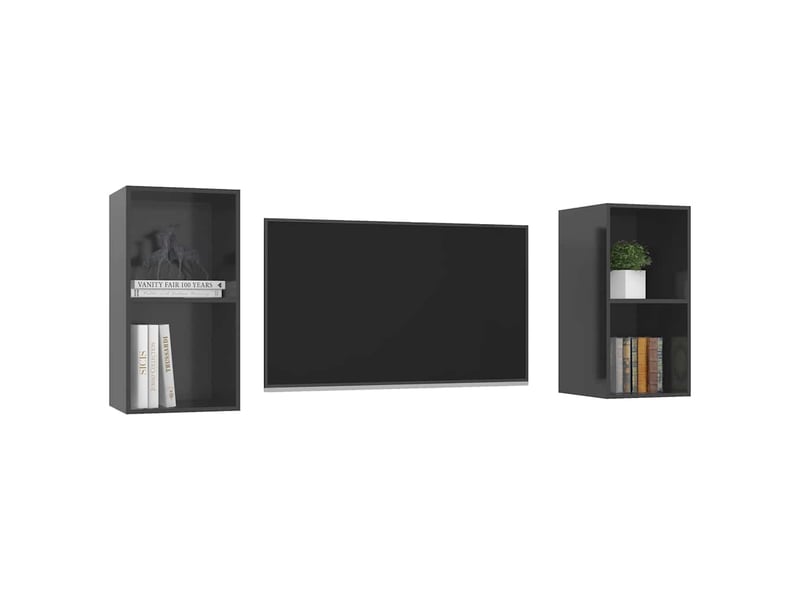  Lot de 2 meuble tv mural, meuble tv suspendu gris brillant bois d'ingénierie  - Conforama C