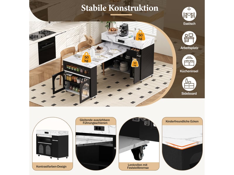  Îlot de cuisine extensible avec roulettes, multiprise et portes en verre, noir  - Conforama E