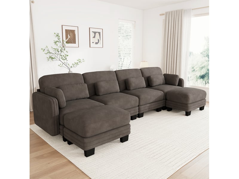  Canapé d'angle modulaire 4 places avec 2 ottomans en chenille marron 330x143x88 cm  - Conforama R