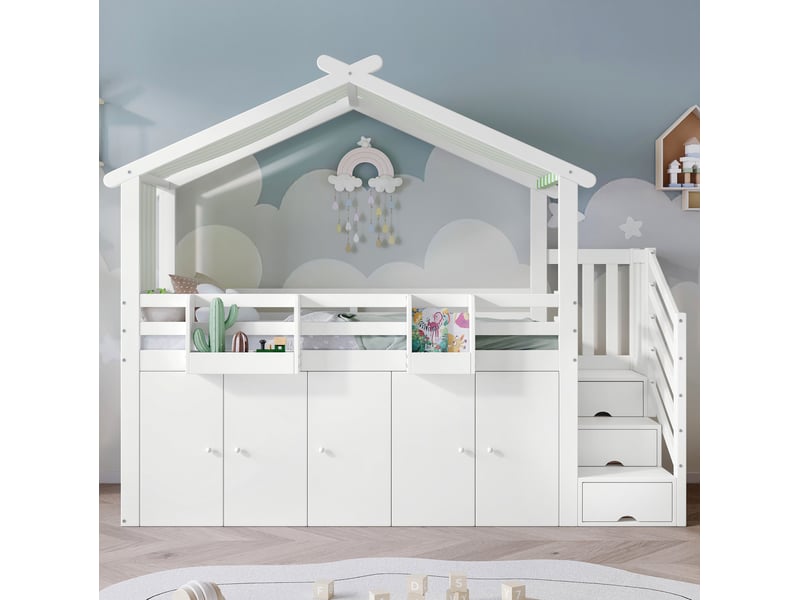  Lit superposé enfant 90x200 cm avec toit, rangements et armoire, blanc et vert  - Conforama B