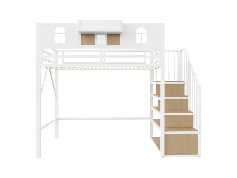  Lit mezzanine 90x200 cm avec rangement intégré - lit 1 place avec échelle de rangement et led - métal blanc  - Conforama R
