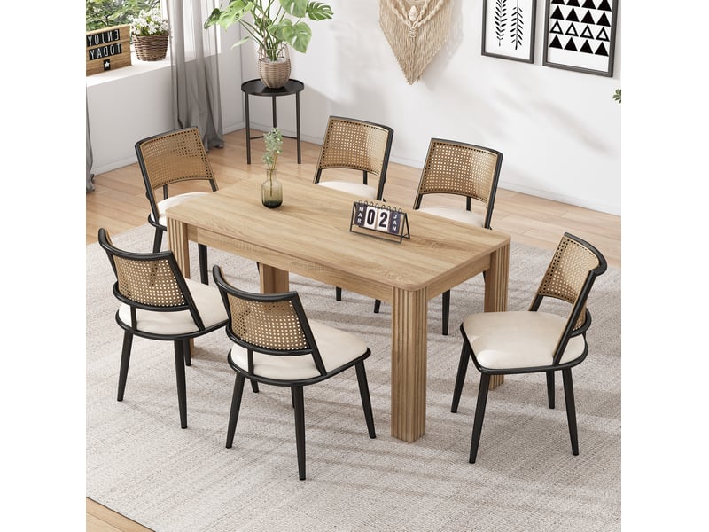  Lot de 6 chaises de salle à manger noires avec assise en polyuréthane et dossier en rotin  - Conforama B