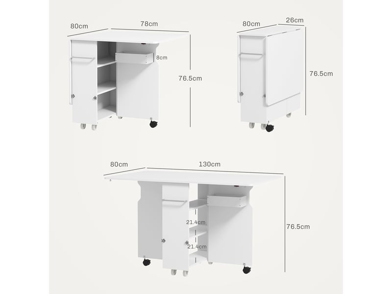  Table pliante à abattants avec étagères à 3 niveaux, coffre de rangement et roulettes, mdf, 130 x 80 x 76,5 cm, blanche  - Conforama E
