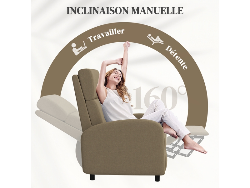  Fauteuil relax inclinable manuel avec repose-pieds en tissu 64x86x102 cm  - Conforama D
