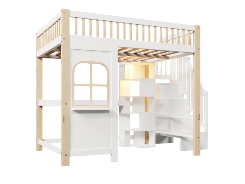  Lit mezzanine adulte 2 places 140x200 cm | bureau, led, prises et rangements ouverts, sans matelas  - Conforama E
