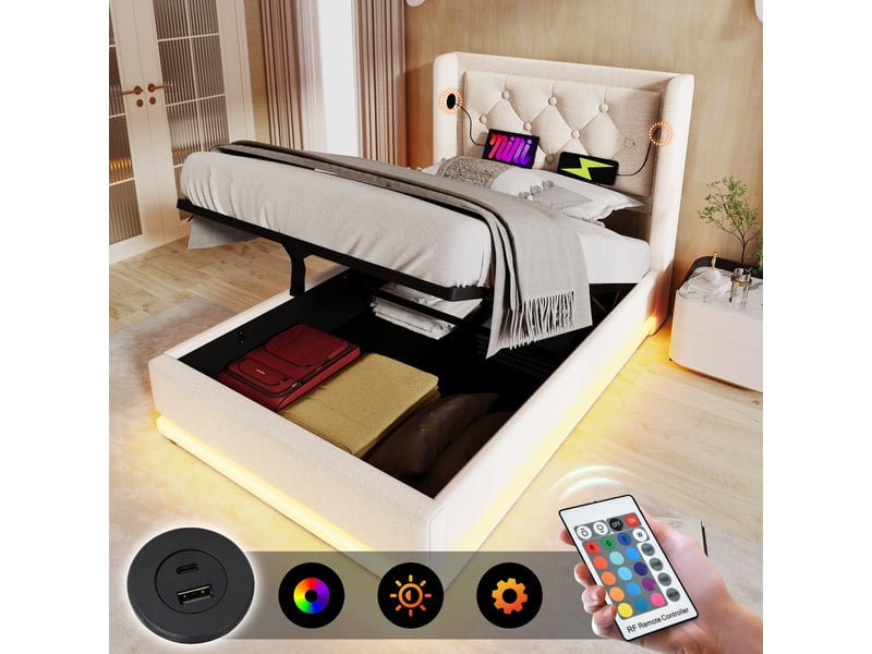  Lit rembourré 90x200 cm - usb-c - led - 2 tiroirs - gris avec matelas  - Conforama B