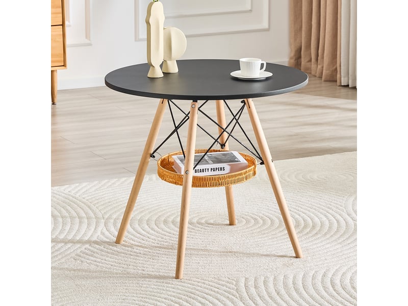 Table de salle à manger ronde 2 à 4 personnes avec panier de rangement ø 80 cm en mdf et bois noir  - Conforama C
