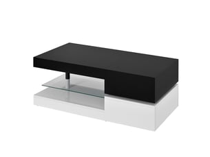 Table basse 90x45x35,5 cm avec led par application, niche et tablette en verre, panneaux de particules brillants, noir et blanc