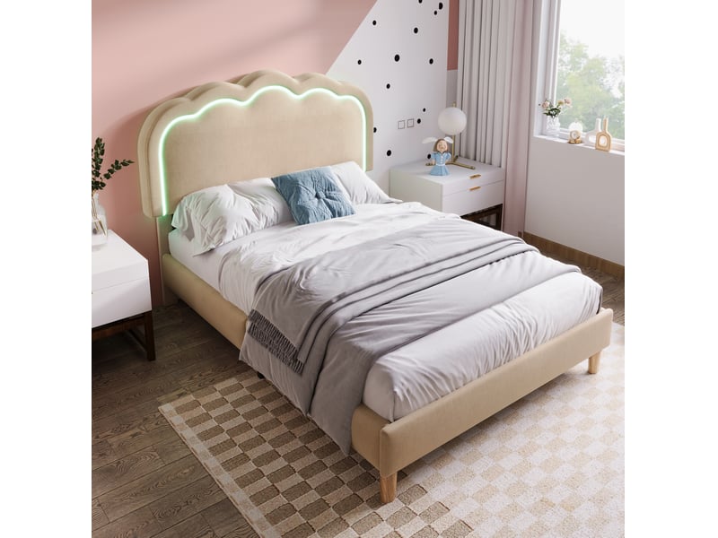  Lit simple led 90x200 cm beige avec tête de lit réglable  - Conforama D