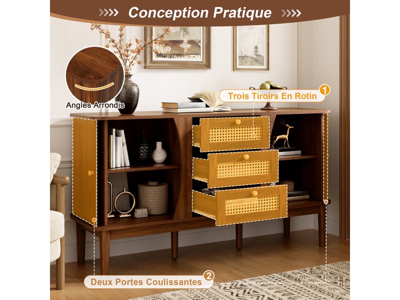 Buffet 141x40x77 cm avec 2 portes coulissantes et 3 tiroirs en rotin, commode avec étagères réglables et plateau arrondi, finition bois et rotin OPULERANE TRADING LTD - Conforama C