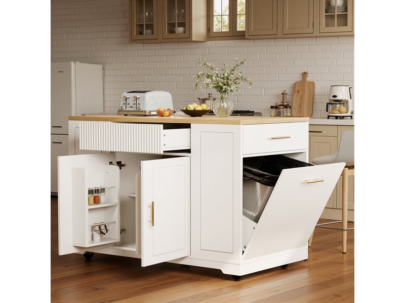  Îlot de cuisine sur roulettes 120x50x92 cm avec compartiment poubelle, 2 portes et 3 tiroirs, blanc et bois  - Conforama B