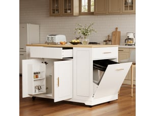 Îlot de cuisine sur roulettes 120x50x92 cm avec compartiment poubelle, 2 portes et 3 tiroirs, blanc et bois