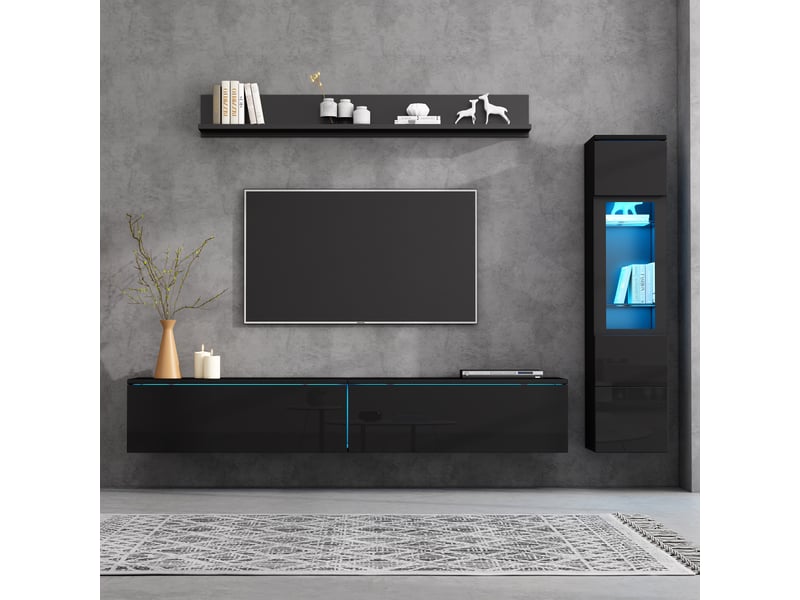  Meuble tv - ensemble de meubles muraux tv 3 pièces avec éclairage led, ensemble de meubles de salon noir brillant  - Conforama D