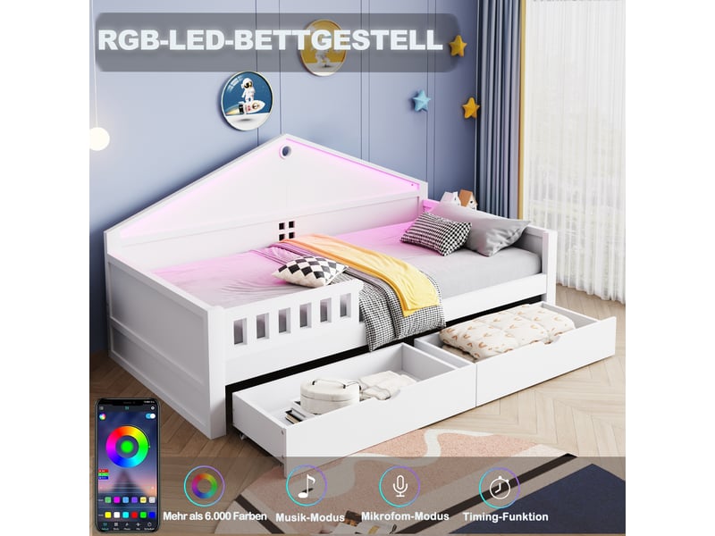 Lit enfant 90x200 cm blanc avec bandeau led contrôlable, 2 tiroirs et sommier à lattes inclus - Conforama D