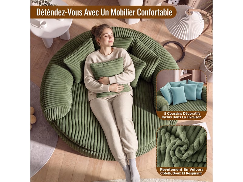  Fauteuil lounge 1 place 145 x 133 x 59 cm en velours côtelé vert, avec assise profonde, accoudoirs et 5 coussins DJ-W3463P5032758-ZMS - Conforama E