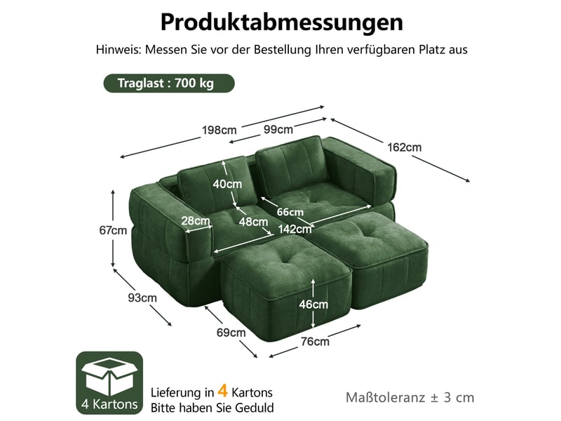  Canapé modulable 2 places avec 2 poufs, en polyester vert  - Conforama C