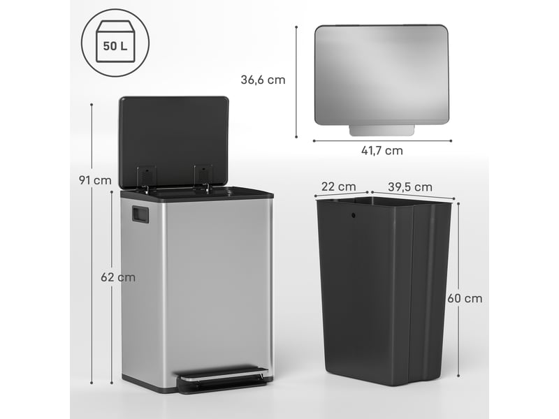  Poubelle de cuisine à pédale 50l en acier inoxydable argent 41,7x36,6x62 cm  - Conforama C