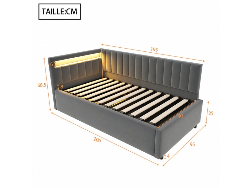  Lit 90x200 cm - canapé lit avec coffre de rangement et lumière led intégrée, velours, gris, sans matelas  - Conforama C