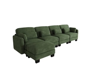 Canapé d'angle modulable - 4 places - forme l - 1 ottoman - coussins d'accoudoirs - tissu chenille - mobilier de salon - vert