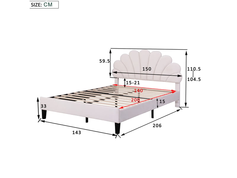  Lit adulte 140 × 200 cm 2 places avec tête de lit fleurie, sans matelas, en velours, beige  - Conforama D
