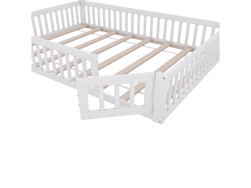 Lit enfant 200×140 cm en forme de cheminée avec barrières de protection et sommier à lattes, sans matelas, blanc et gris - Conforama E