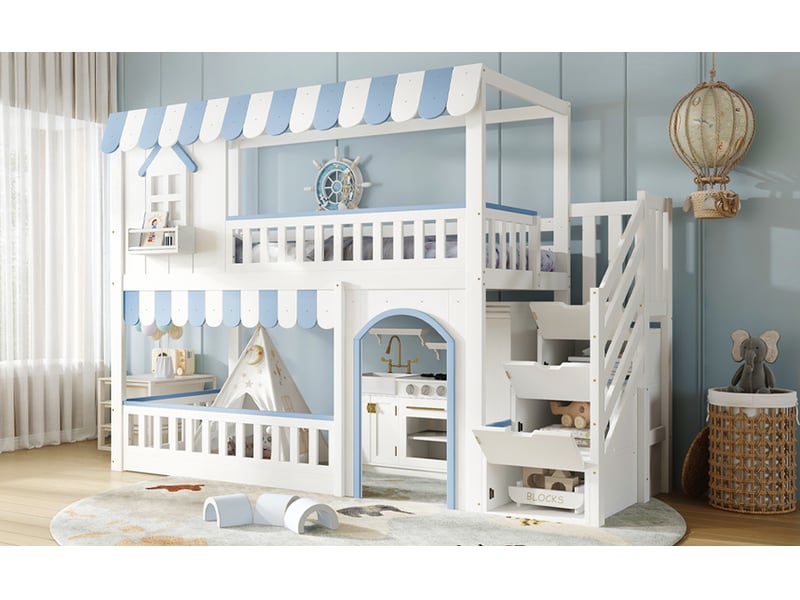  Lit mezzanine enfant 1 place 90×200 cm, escalier de rangement et barrières  - sans matelas, bois blanc et bleu  - Conforama E