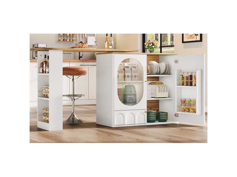  Îlot de cuisine pivotant 360° 138x39x102 cm blancnoir avec rangements et 3 portes, style bar  - Conforama R